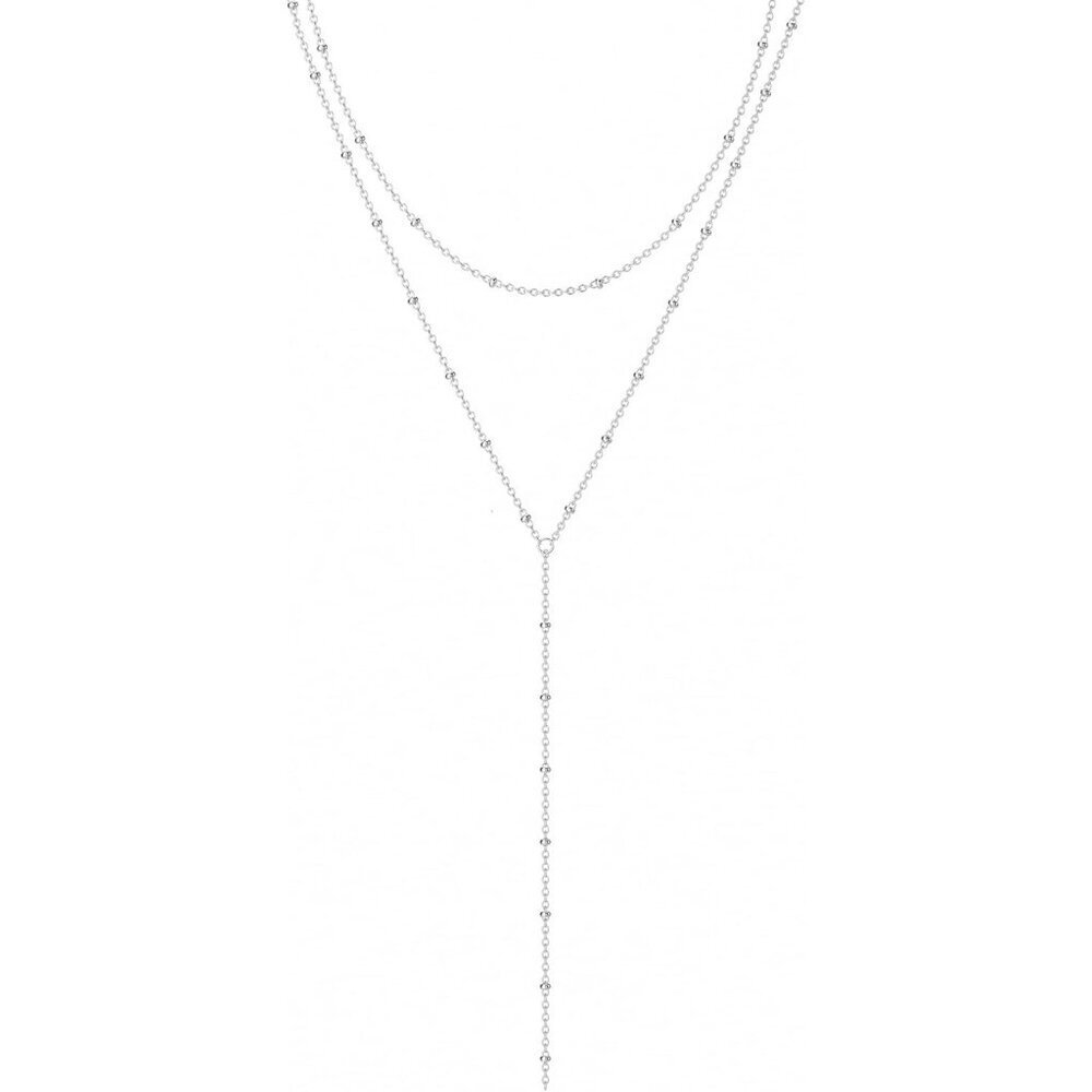 Women's Silver Long Y-Shaped Trendy Layered Cz Beaded Chain Drop Necklace
